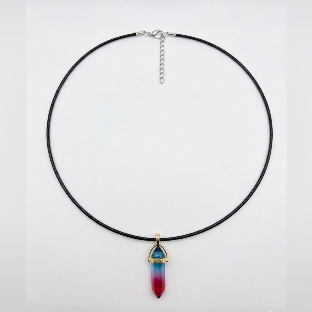 Handmade Resin Crystal Pendant Necklace with Black Cord with Blue-Pink Stone